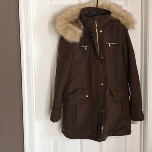 Zara Brown Parka Faux Fur Hooded Coat XS